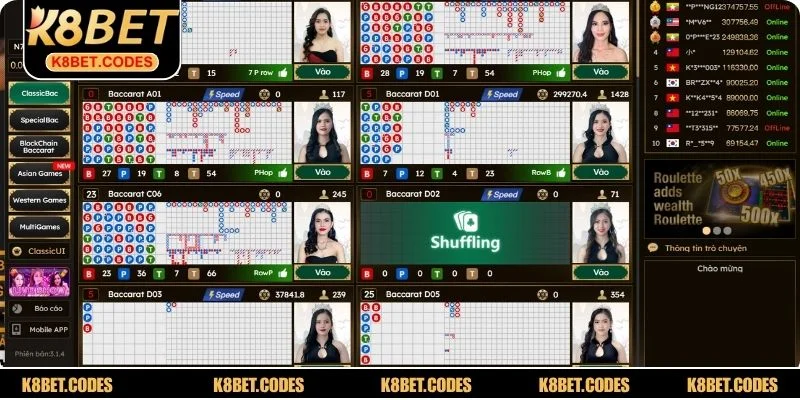 Bàn cược có các dealer trực tiếp và số liệu thống kê trực tiếp