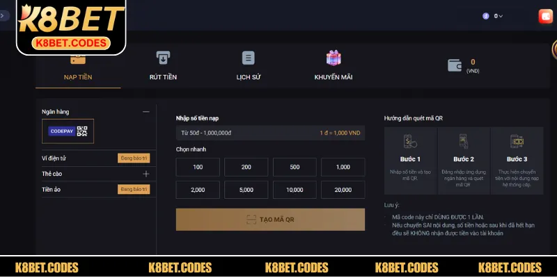 Hướng dẫn tất cả các thao tác để thực hiện nạp tiền K8BET