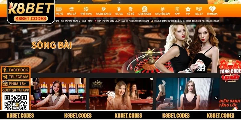 Sảnh Live Casino K8BET nổi bật với giao diện rực rỡ, sang trọng