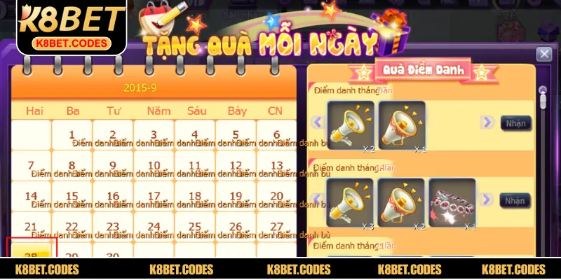 Tiến hành đăng nhập điểm danh mỗi ngày để nhận quà khuyến mãi K8BET khủng